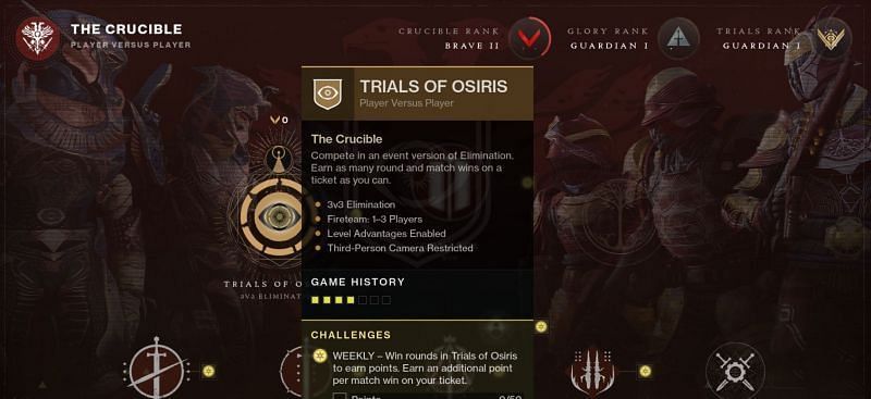 Destiny 2 Trials of Osiris -valintanäyttö (Kuva Bungien kautta)