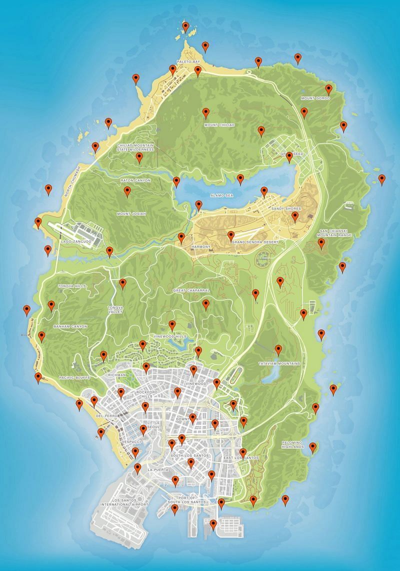 Kaikkien Peyote -kasvien sijainnit GTA 5: ssä (Kuva Gamesradarin kautta)