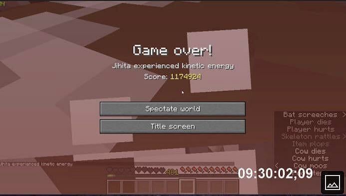 Ekrāns, ko neviens Hardcore režīma Minecraft atskaņotājs nevēlas redzēt (attēls caur u/Gamerbrineofficial vietnē Reddit)