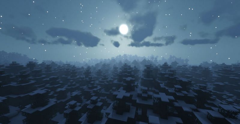 แสดง: ค่ำคืนที่สวยงามในไบโอม Snowy Taiga (รูปภาพผ่าน Minecraft)